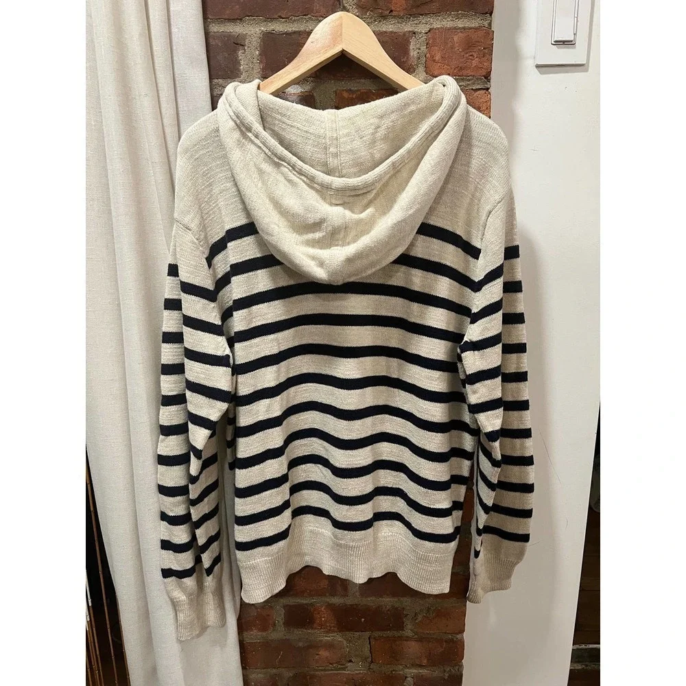 J.Crew Striped Knit Hooded Henley Sweater Kangaroo Pocket L Nautical Preppy